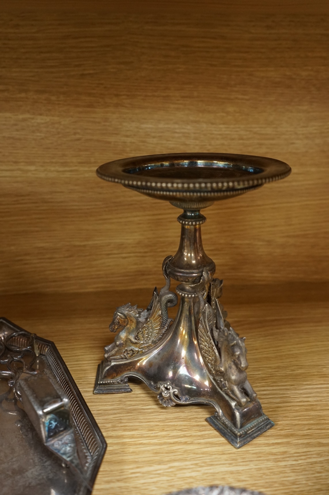 Pair of Victorian plated centerpieces and a small collection of other plated wares to include wine coasters, largest 18cm high